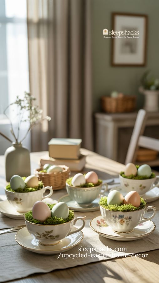 Vintage Teacup Easter Displays with Moss and Pastel Eggs