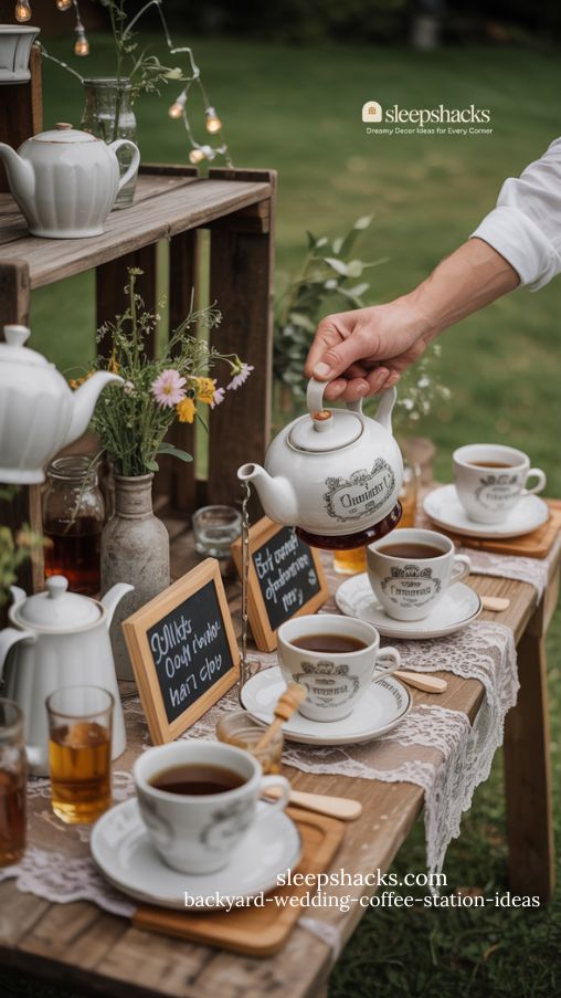 Vintage Teapot Backyard Wedding Coffee Station with Lace Runners, Wildflowers, and Hot Coffee