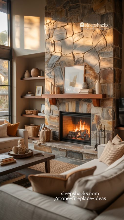 Photorealistic interior photography of a grand living room featuring a dramatic floor to ceiling stone fireplace as the central architectural statement. The fireplace is clad in natural limestone with subtle beige, warm gray, and soft cream variations, extending all the way to a vaulted ceiling. The stone texture is highly detailed with organic edges and natural pattern shifts that feel authentic and timeless. A soft fire glows within the fireplace, casting warm reflections onto the stone surface. Large windows allow natural daylight to wash across the vertical stonework, emphasizing depth, texture, and tonal variation. Surrounding decor is intentionally minimal with neutral linen sofas, a low-profile wooden coffee table, and a woven wool rug grounding the space. A simple wood mantel holds a handmade ceramic vase and a small stack of vintage books. The walls are painted in a warm off-white tone that complements the stone color without competing. Shot in vertical 2 to 3 Pinterest ratio, full-frame camera, 28mm lens, eye-level perspective, ultra-sharp detail, soft natural lighting, high dynamic range, editorial luxury home magazine aesthetic, warm and inviting mood. Keywords Focus Stone Fireplace Ideas, floor to ceiling stone fireplace, modern rustic living room fireplace, limestone fireplace design, vaulted ceiling fireplace
