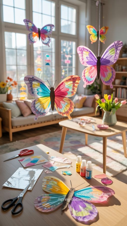 Ultra-realistic interior lifestyle photography of a bright, sunlit spring room featuring handmade butterfly suncatchers. Several suncatchers hang in front of a large window, crafted with colorful tissue paper, translucent paints, and acetate sheets in vibrant spring colors — pink, turquoise, lavender, yellow, and coral. Sunlight streams through the panes, casting colorful reflections and soft rainbow-like glows across the neutral wooden floor and nearby furniture.A light oak table nearby holds craft supplies: scissors, adhesive, tissue paper sheets, and small paintbrushes. A few finished suncatchers are laid flat, showing intricate patterns and blended color layers. Fresh tulips in a ceramic vase sit beside the table, enhancing the spring atmosphere.Scandinavian-inspired home decor, neutral tones with pastel accents, shallow depth of field, crisp focus on foreground suncatchers, highly detailed textures, 4K resolution, magazine-quality interior photography, vertical Pinterest ratio (2:3). No people visible, but the scene feels lively and recently used.
