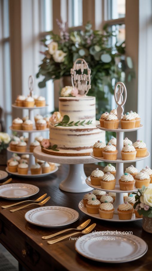 Wedding dessert table with personalized cake, cupcakes, greenery, and decorative elements creating a visually striking centerpiece