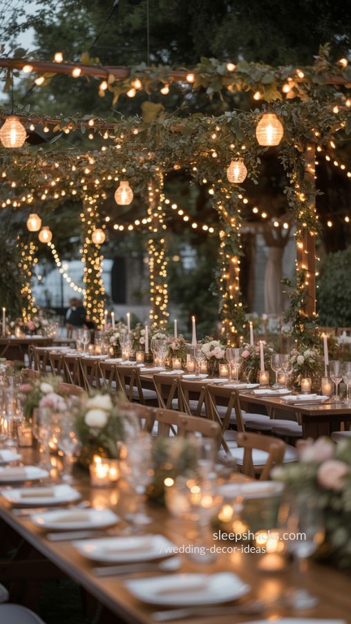 Wedding reception with hanging fairy lights and lanterns, greenery accents, and candlelit tables creating a cozy magical atmosphere