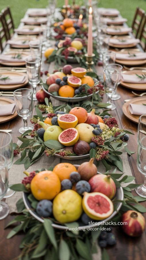 Wedding table with seasonal fruit centerpieces, flowers, greenery, and candles creating a vibrant still-life tablescape