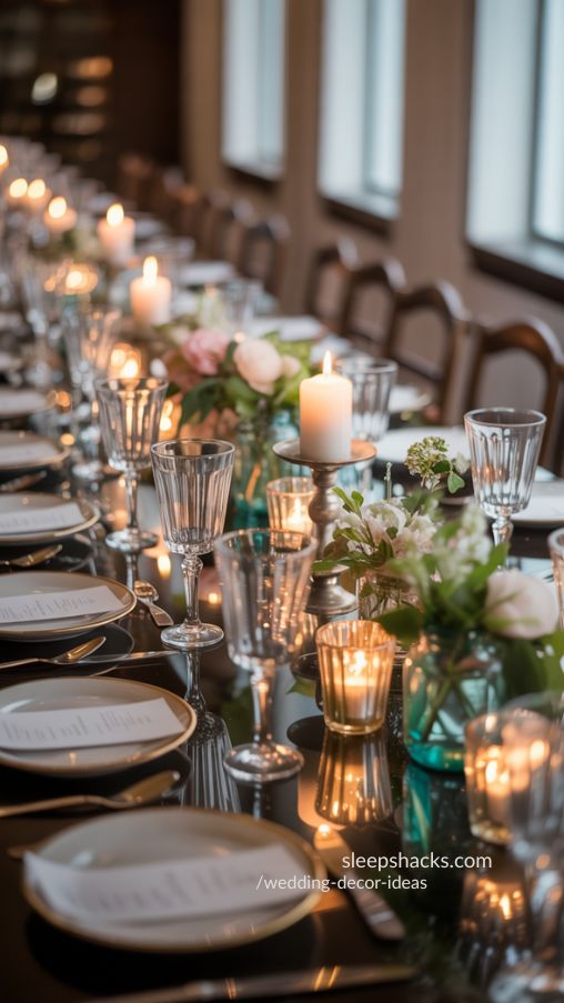 Wedding tables with vintage glassware, candle holders, soft florals, and greenery creating a cozy, romantic atmosphere