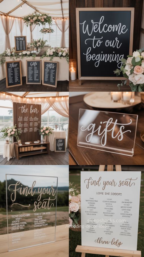 Wedding venue with hand-lettered signs on chalkboards and wooden boards, surrounded by flowers and candles