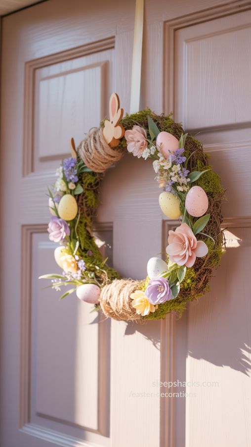 Whimsical DIY Easter Wreath with Moss and Pastel Eggs