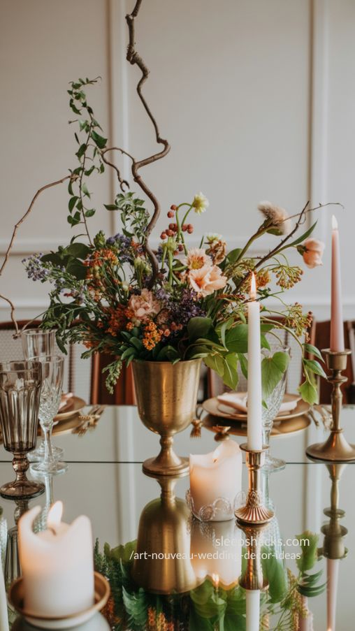 Whimsical Wedding Table Centerpieces with Seasonal Flowers and Metallic Accents