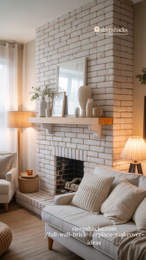 Whitewashed Brick Fireplace Makeover to Brighten Your Living Room