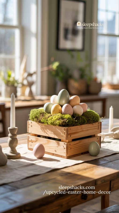 Wooden Crate Easter Centerpiece with Moss and Pastel Eggs