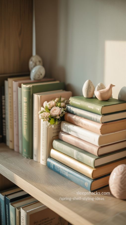 A softly lit bedroom or living room shelf styled for spring, featuring stacked vintage books in muted green, blush, cream, and pastel blue tones. Books are arranged both horizontally and vertically for visual texture. Small bouquets of fresh or realistic faux flowers are gently tucked between book stacks, adding a soft romantic touch. Tiny ceramic eggs and delicate bird figurines rest on top of the books for subtle seasonal charm. The shelf is light wood against a neutral wall, with warm natural afternoon sunlight creating soft shadows and depth. Shot with a 50mm lens, shallow depth of field, ultra-realistic interior photography, high resolution, soft warm color grading, Pinterest aesthetic, editorial home decor styling, clean composition, no people.