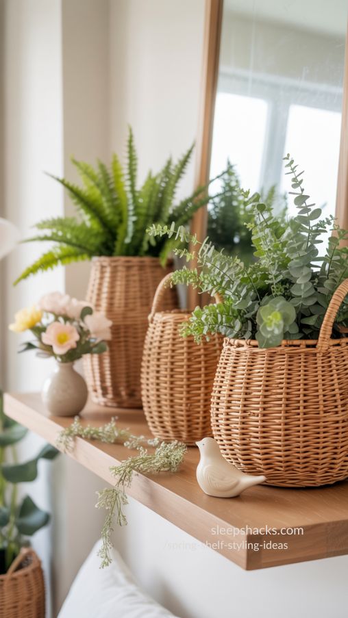Woven Basket Trio with Greenery – Cozy Spring Shelf Styling Idea