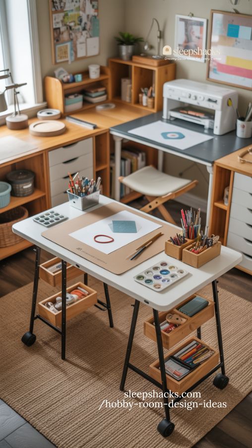adaptable hobby room with modular workstations and organized supplies