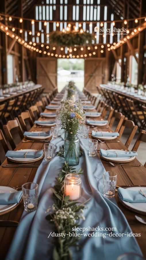dusty blue rustic barn wedding with romantic string lights and florals