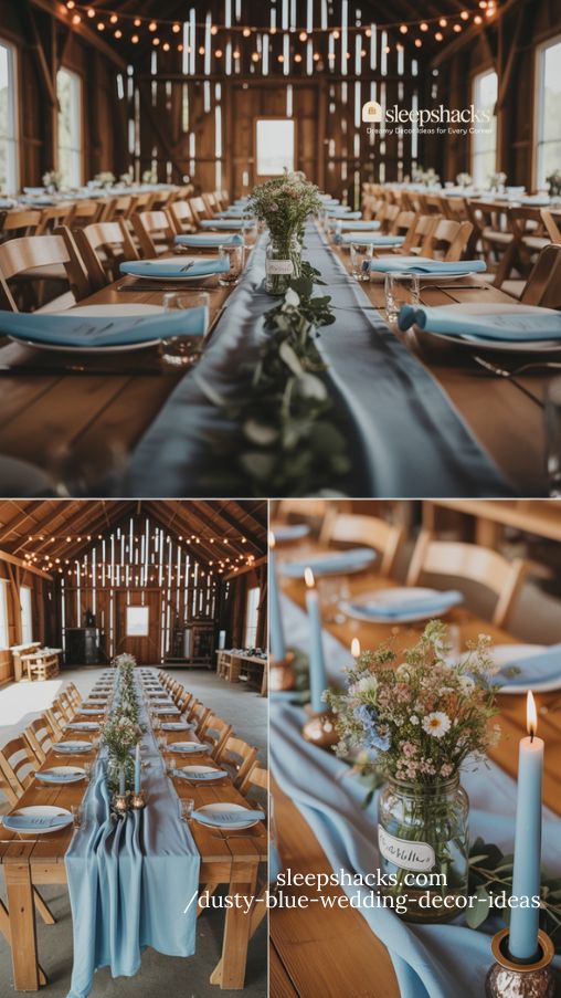 dusty blue rustic barn wedding with romantic string lights and florals