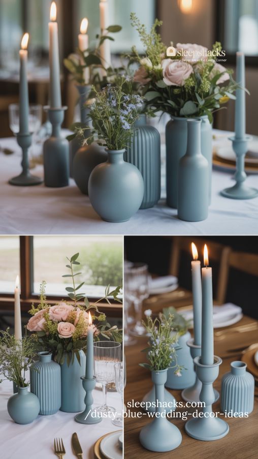 elegant DIY dusty blue wedding centerpiece with layered heights and floral details