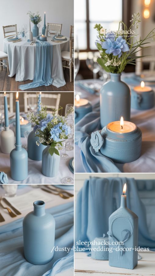 elegant budget-friendly dusty blue wedding decor with DIY accents and layered textures