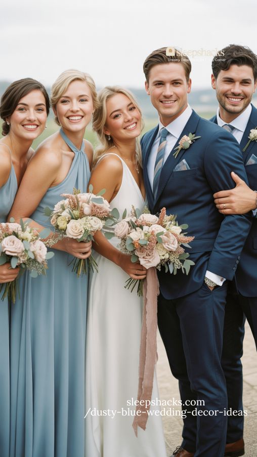 legant dusty blue bridal party with coordinated accessories and bouquets