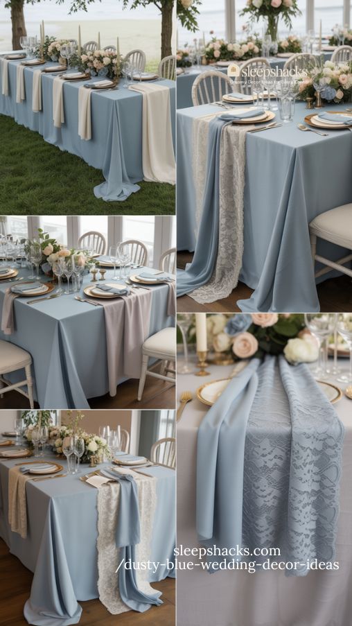 elegant dusty blue layered table linens with floral and metallic accents