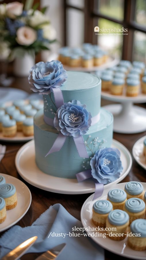 sophisticated dusty blue wedding cake with floral accents and ribbon details