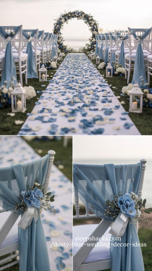 elegant dusty blue wedding aisle with petals ribbons and lanterns