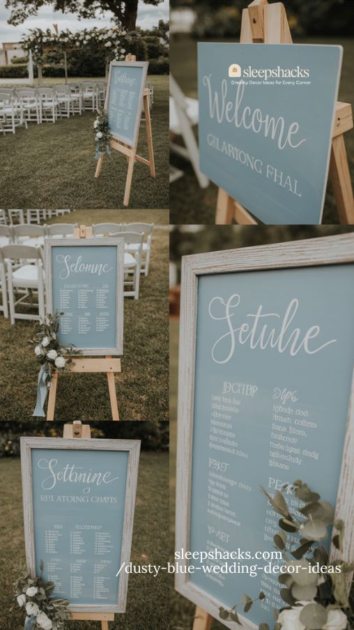 elegant dusty blue wedding ceremony signage with hand-lettered details and floral accents