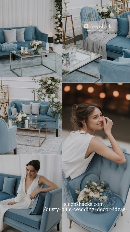 elegant dusty blue wedding lounge area with cozy seating and intimate details