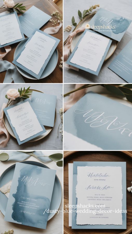 elegant dusty blue wedding stationery suite with hand-lettered details and floral accents