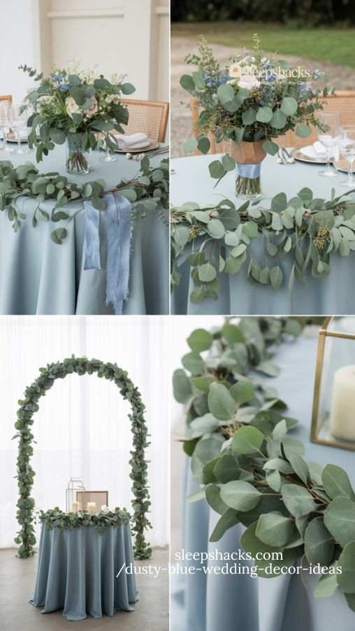 elegant dusty blue wedding with eucalyptus greenery and soft floral accents