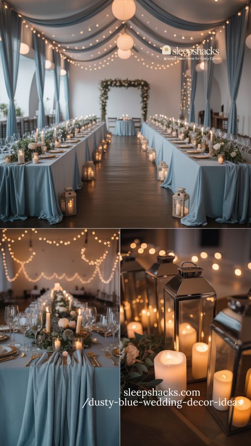 elegant dusty blue wedding with romantic lighting fairy lights and candles