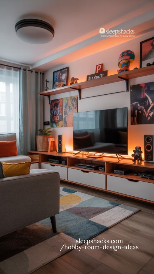 immersive gaming and media hobby room with sleek storage and playful decor