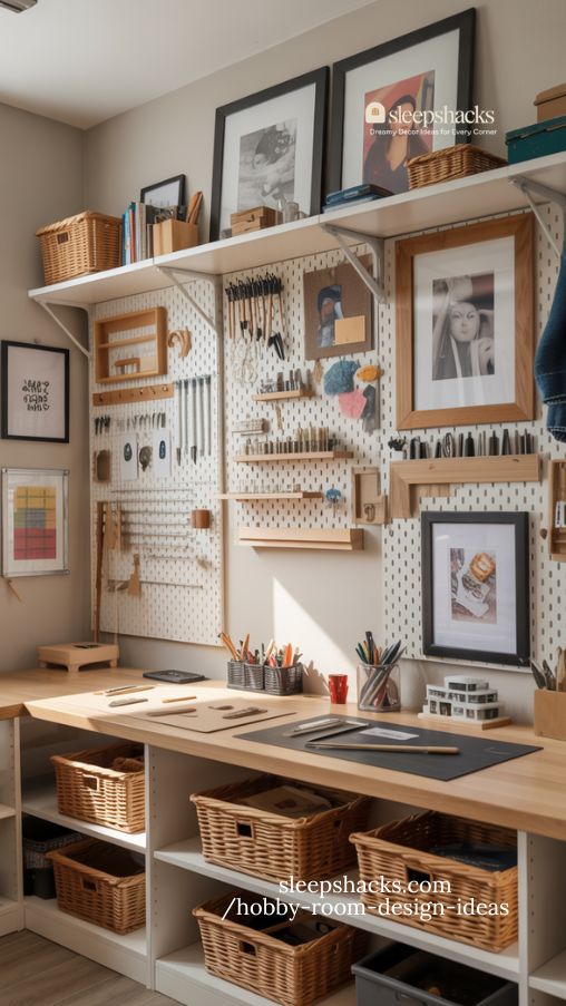 inspiring hobby room wall with organized displays and colorful creative accents