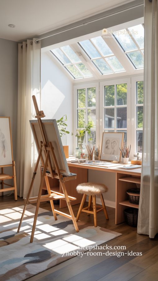 naturally lit art studio with easel organized supplies and airy creative ambiance