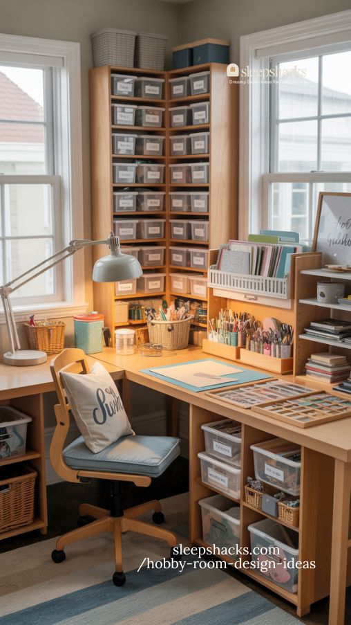 organized scrapbook and paper craft corner with functional table and inviting workspace