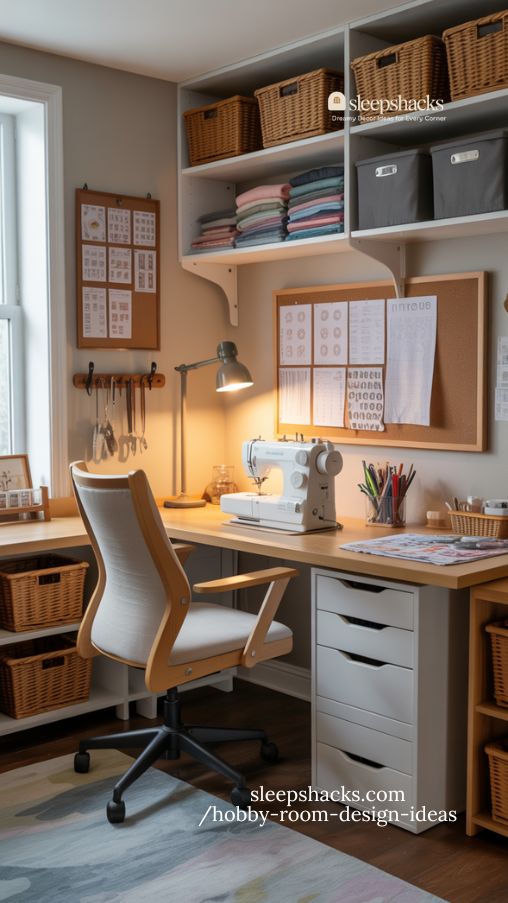 organized sewing and textile hobby room with ergonomic setup and inspiring details