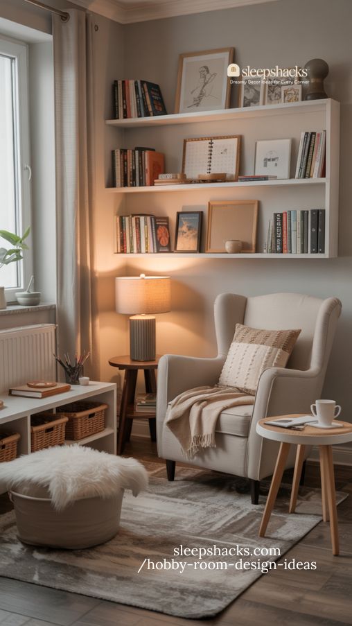 relaxing reading nook in hobby room with comfortable seating and warm cozy accents