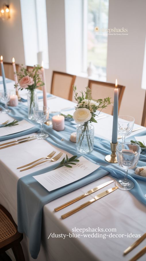 romantic dusty blue wedding table with textured linens and floral details