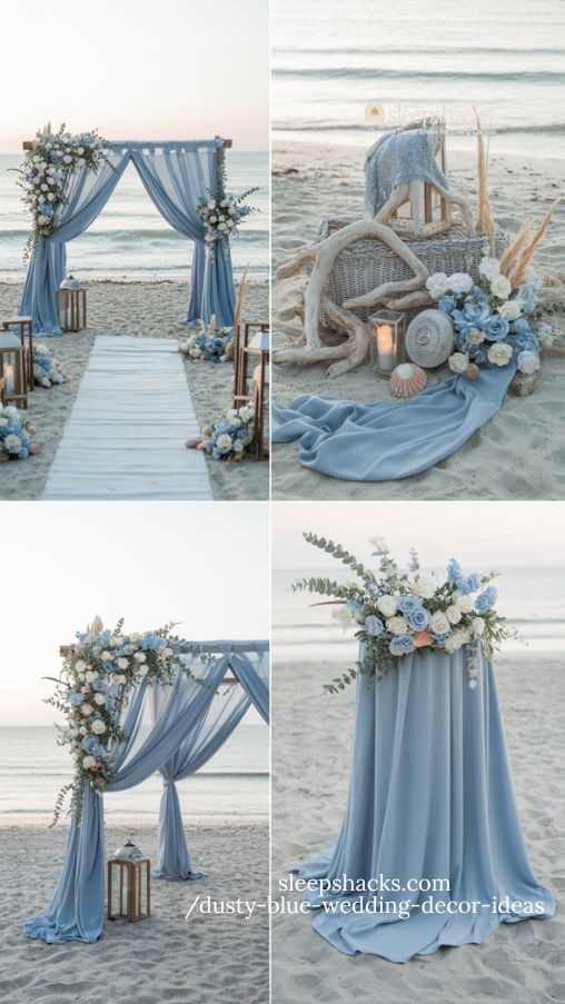 serene dusty blue coastal wedding with romantic lanterns and soft florals