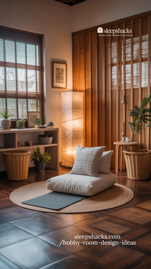 serene meditation and wellness corner in hobby room with natural textures and cozy setup