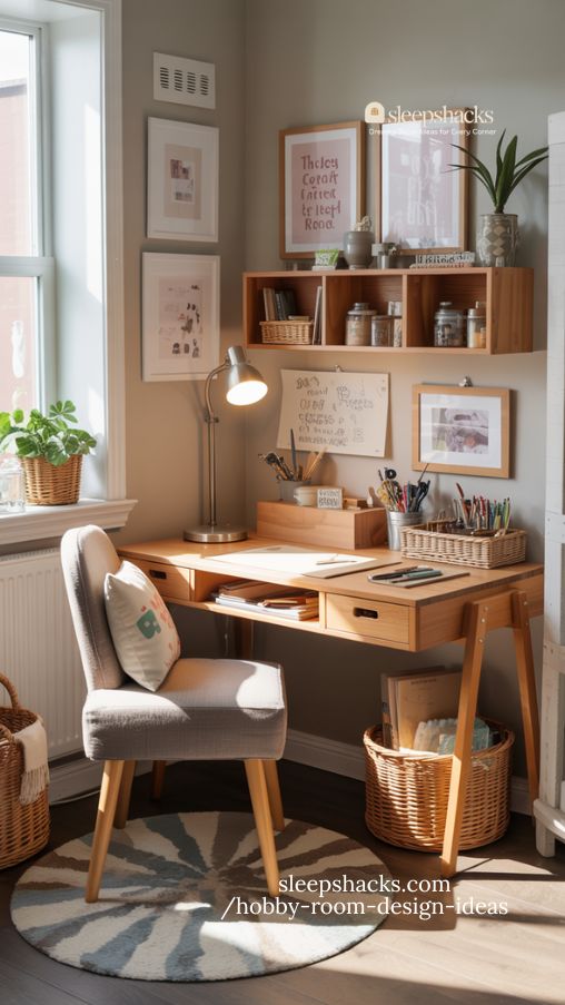 small cozy craft corner maximizing creativity with organized supplies and warm lighting