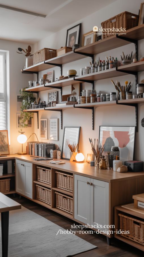 stylish hobby room with mixed shelving organized supplies and curated projects