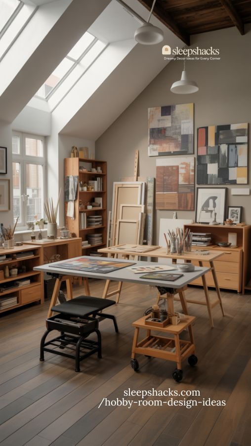 versatile art studio with adaptable furniture and organized display areas