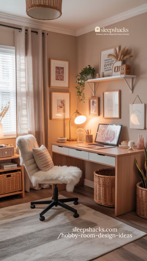 warm and inviting hobby room with plush textures and personal decorative accents