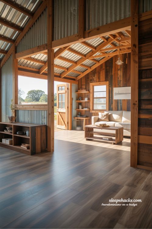 Affordable Barndominium Interior with Reclaimed Wood and Steel Accents