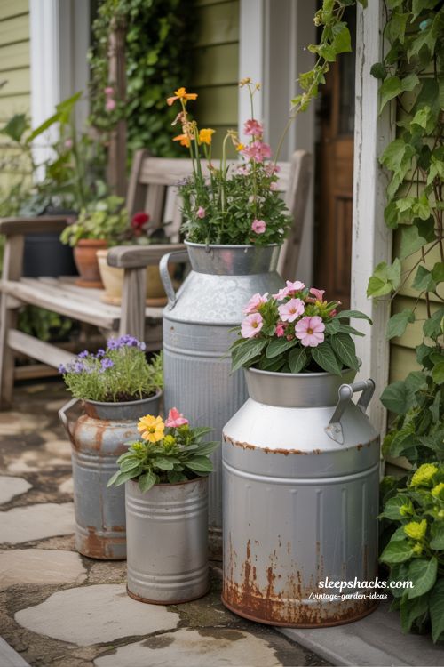 Antique Milk Can Flower Planters with Rustic Vintage Charm