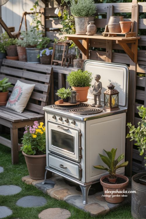 Antique Stove Tops as Garden Shelves with Vintage Garden Charm