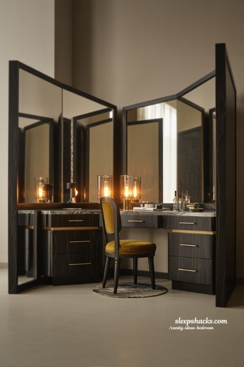 Art Deco Vanity Bedroom Ideas Glamorous Black and Gold Setup