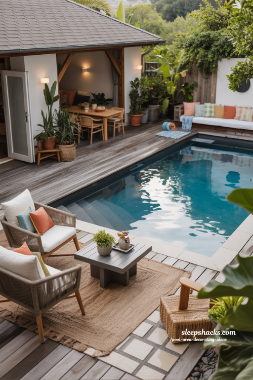 Beautifully styled backyard pool area with lounge chairs, shaded dining zone, colorful cushions, and ambient lighting surrounded by greenery