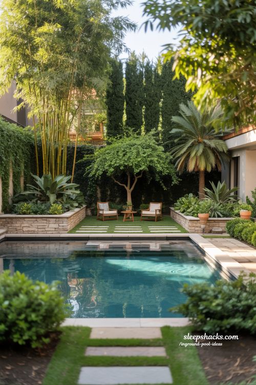 Backyard Pool Landscaping with Privacy Plants and Natural Stone Deck