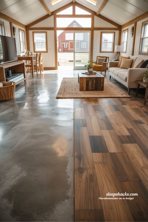 Barndominium Interior with Polished Concrete and Laminate Flooring