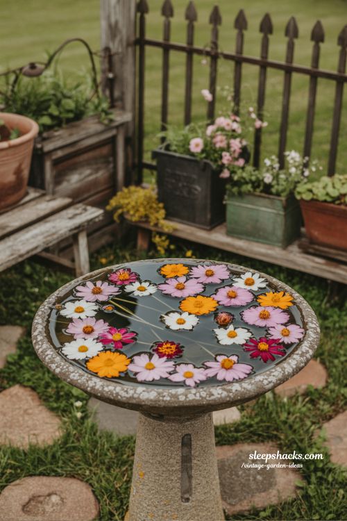 Birdbath with floating seasonal flowers surrounded by rustic vintage garden elements